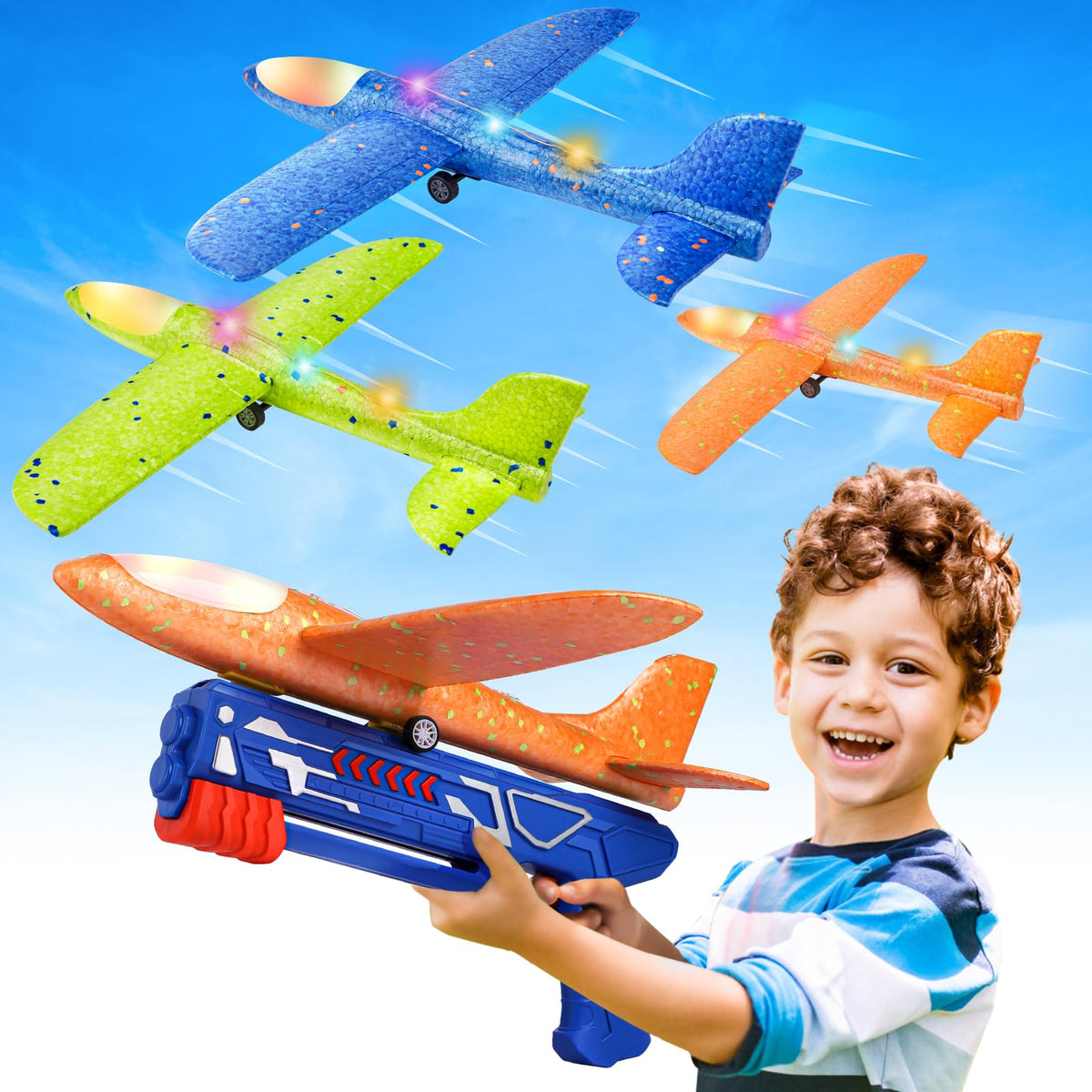 Fuwidvia 3-pack blue glider plane with launcher for outdoor play and coordination.