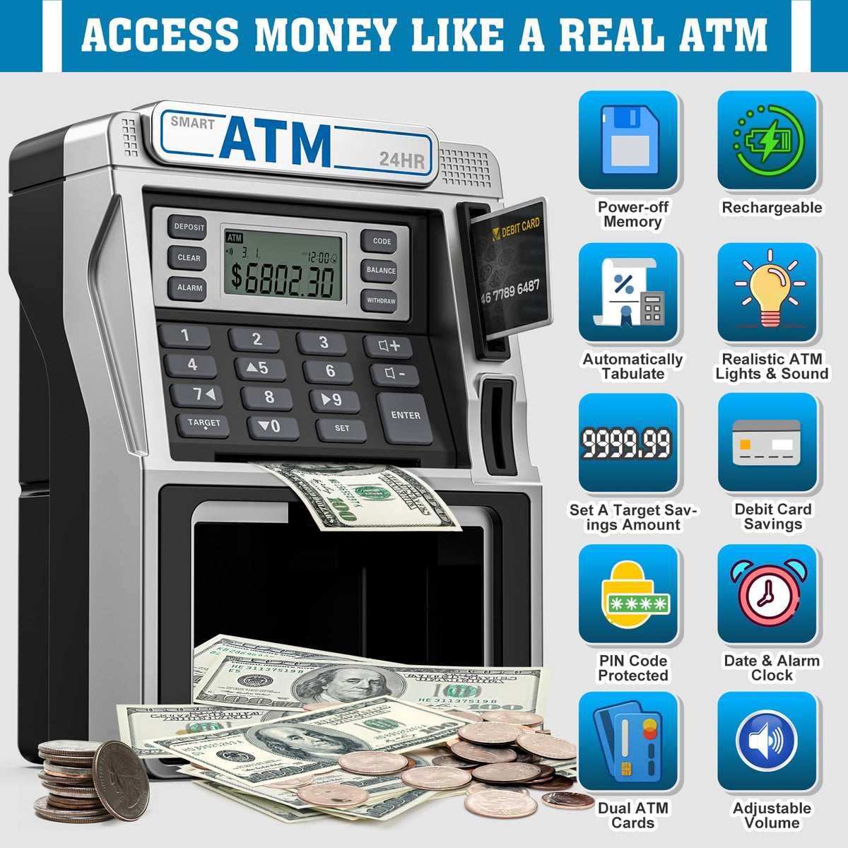 Fuwidvia ATM Piggy Bank card slot enables debit access with learning-friendly PIN practice.