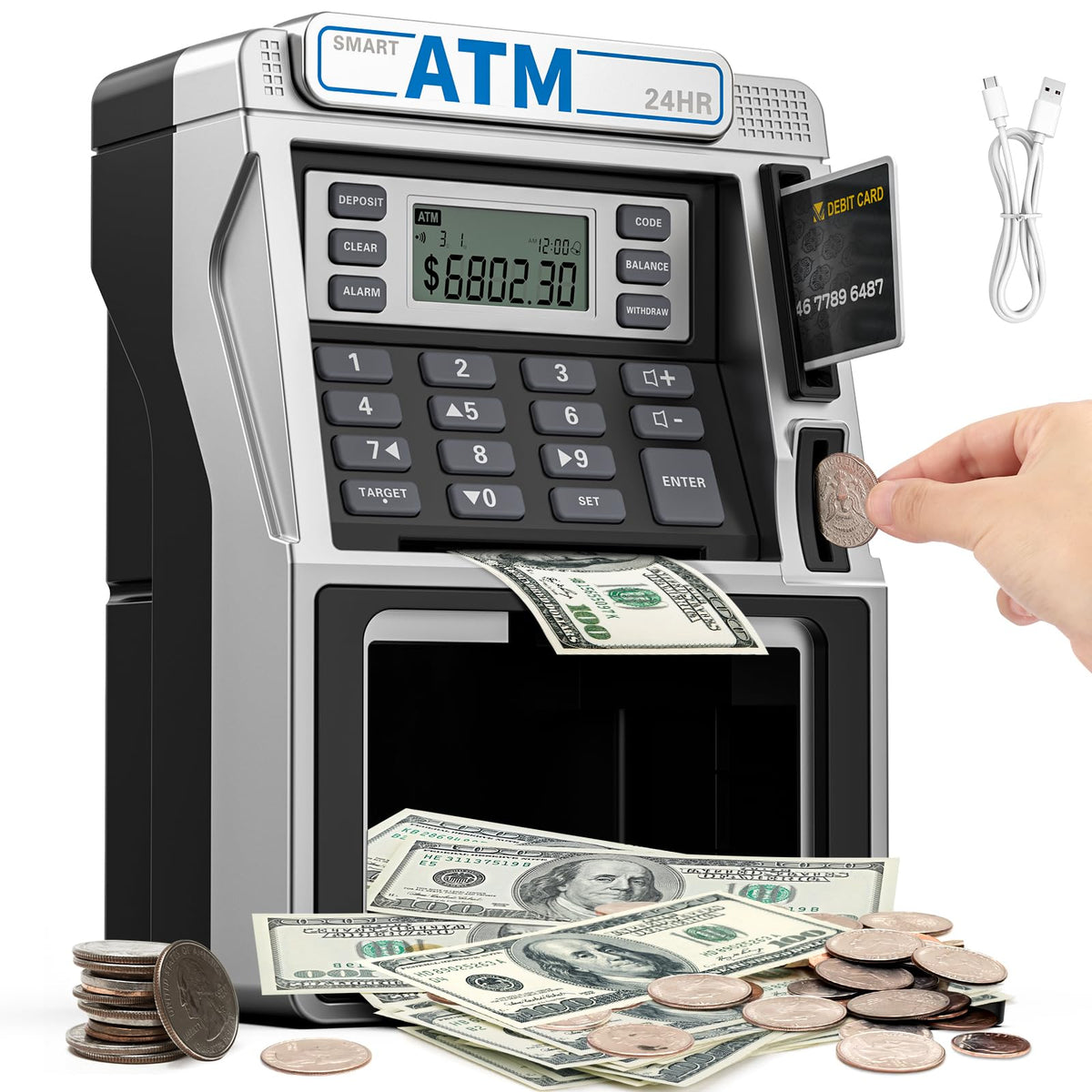 Fuwidvia ATM Piggy Bank front view for kids promotes easy saving and interactive learning.
