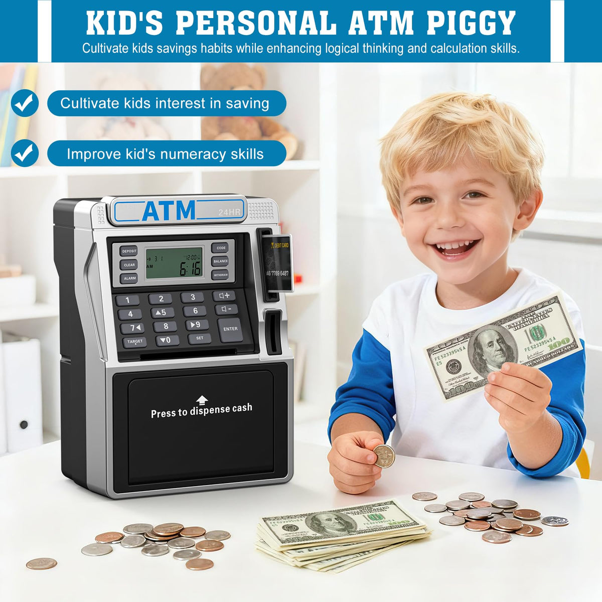 Fuwidvia ATM Piggy Bank memory function preserves data when power is off.