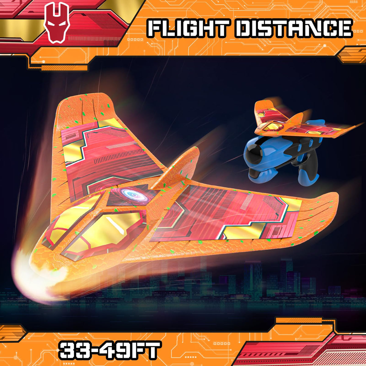 Fuwidvia LED-lit foam airplane showing bright trails for day or night play