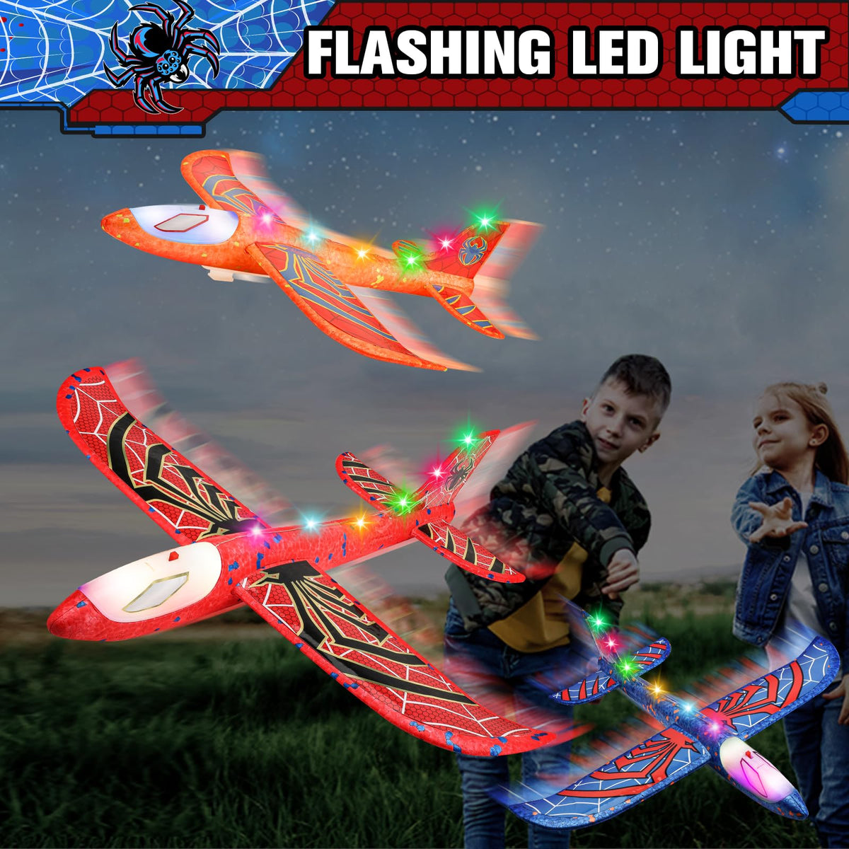 Fuwidvia orange foam glider with tail and LED lights.