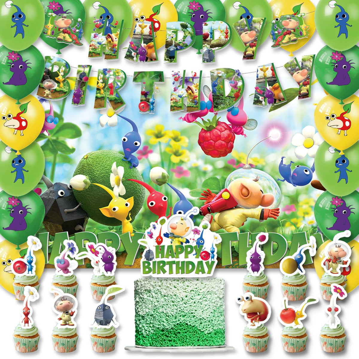 Fuyhiuous Pikmin banner decor for birthday parties adds colorful ambiance.
