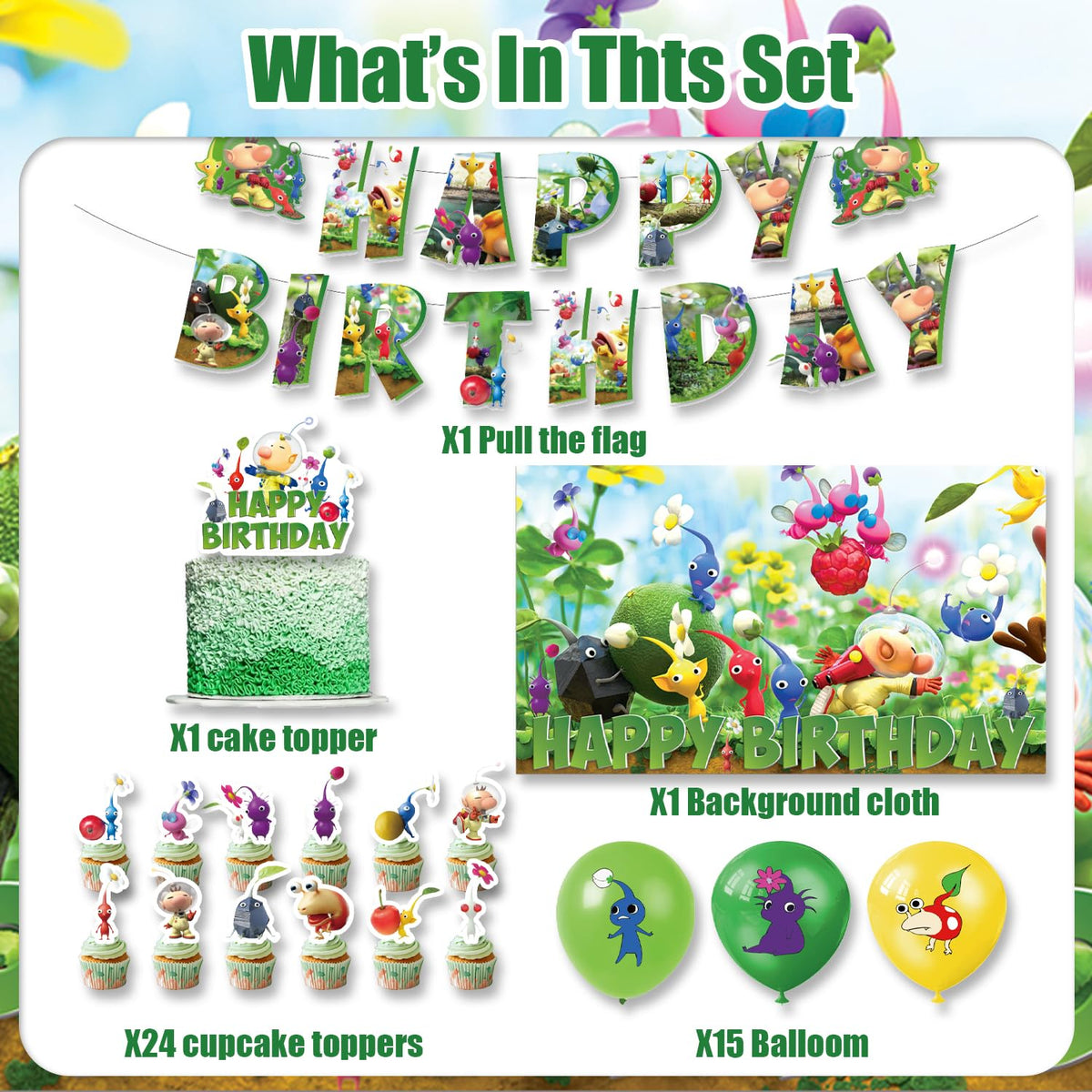 Fuyhiuous Pikmin cake topper creates a festive centerpiece.