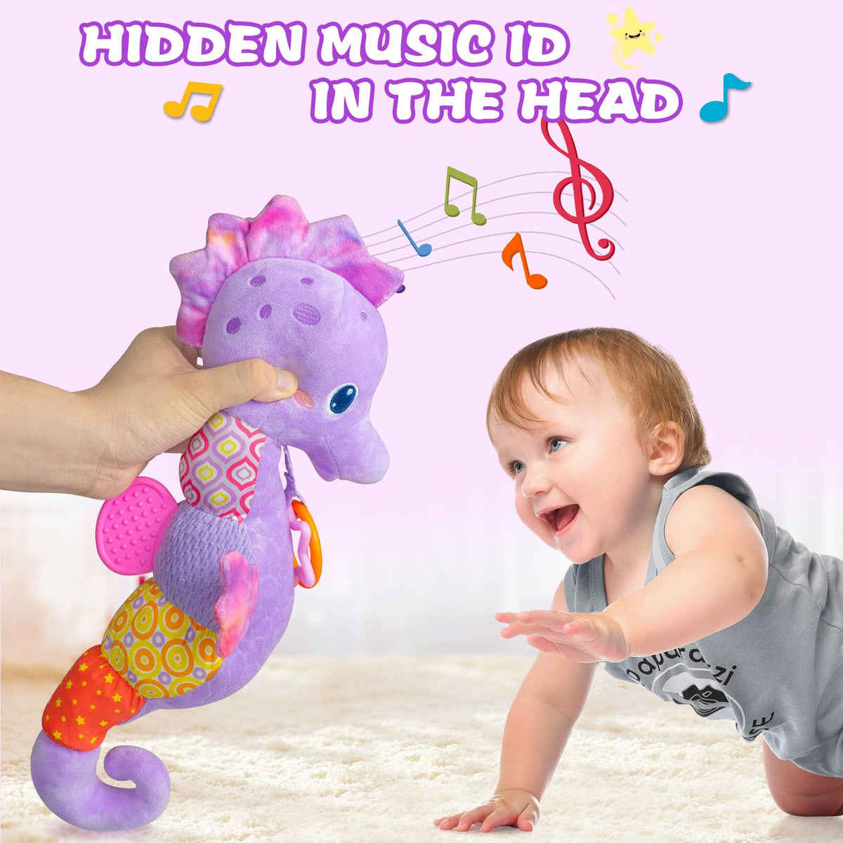 Fuzqq seahorse plush back texture encourages grasping and exploration.