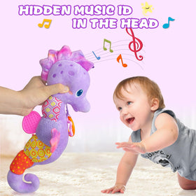Fuzqq seahorse plush back texture encourages grasping and exploration.