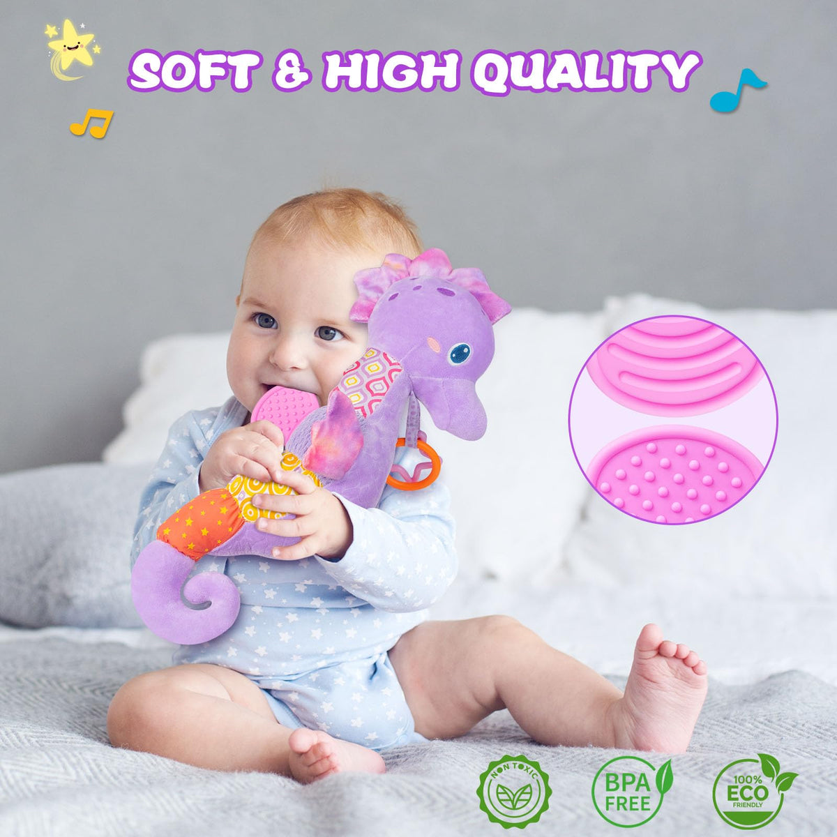 Fuzqq seahorse plush hands feature wrinkled sounds for acoustic cues.