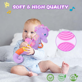 Fuzqq seahorse plush hands feature wrinkled sounds for acoustic cues.