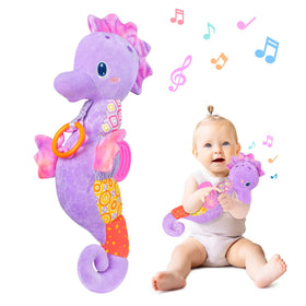 Fuzqq baby seahorse plush head with soothing music for early sensory play.