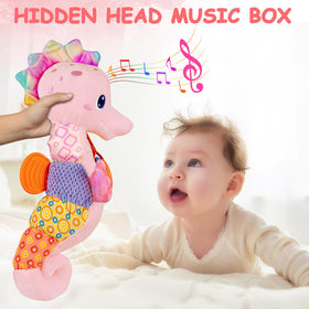 Fuzqq baby seahorse plush toy back area features varied textures for exploration.