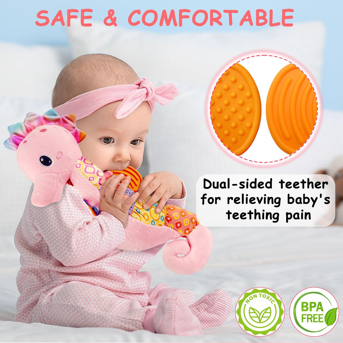 Fuzqq baby seahorse plush toy hands with wrinkled paper sounds.