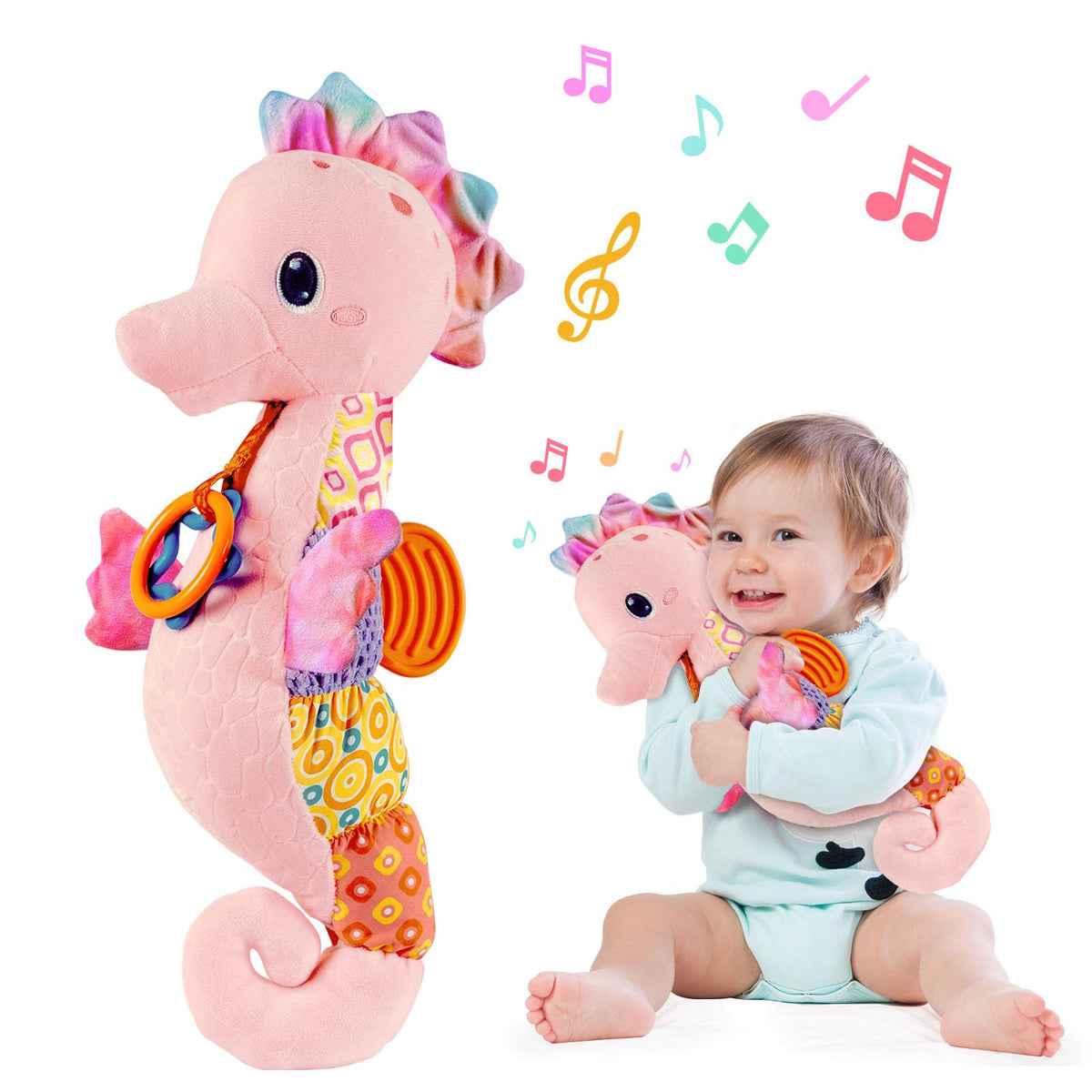 Fuzqq baby seahorse plush toy head with soft fabric for gentle sensory stimulation.