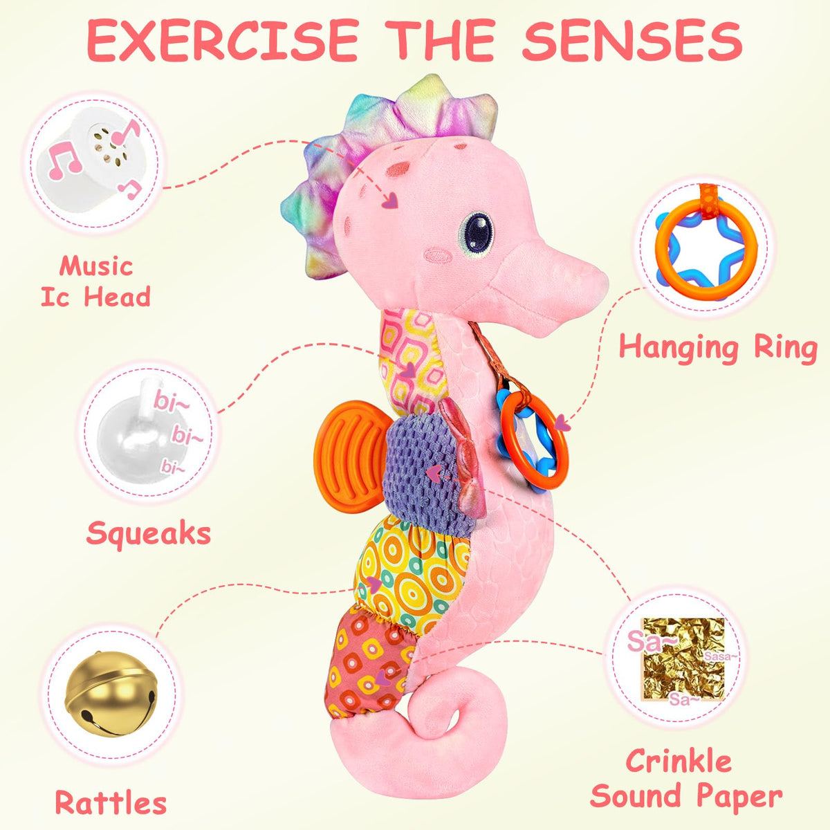 Fuzqq baby seahorse plush toy neck area with rattle sounds to engage baby's hearing.