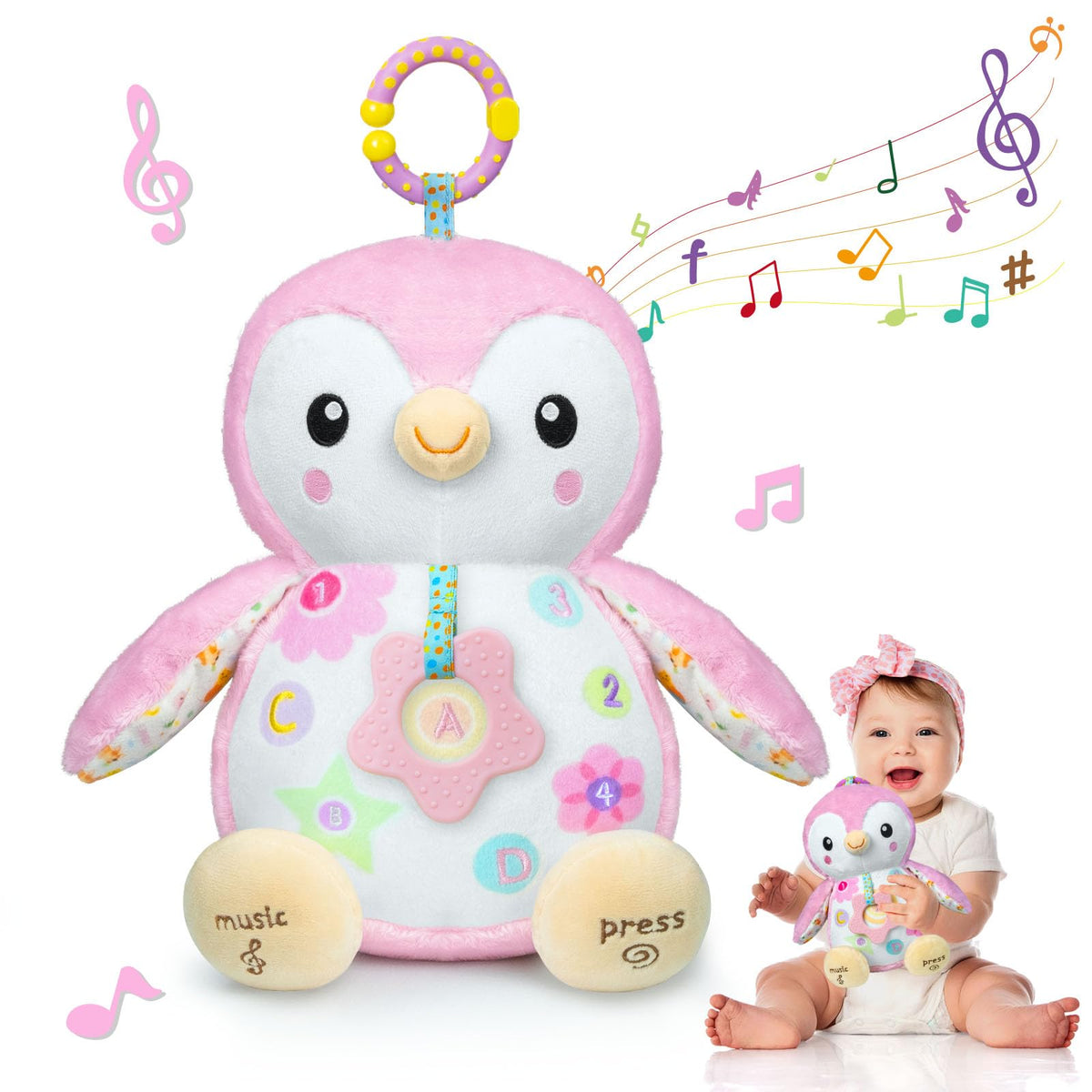 Fuzqq musical penguin plush toy with rattle and crinkle sounds to engage early senses
