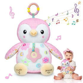 Fuzqq musical penguin plush toy with rattle and crinkle sounds to engage early senses