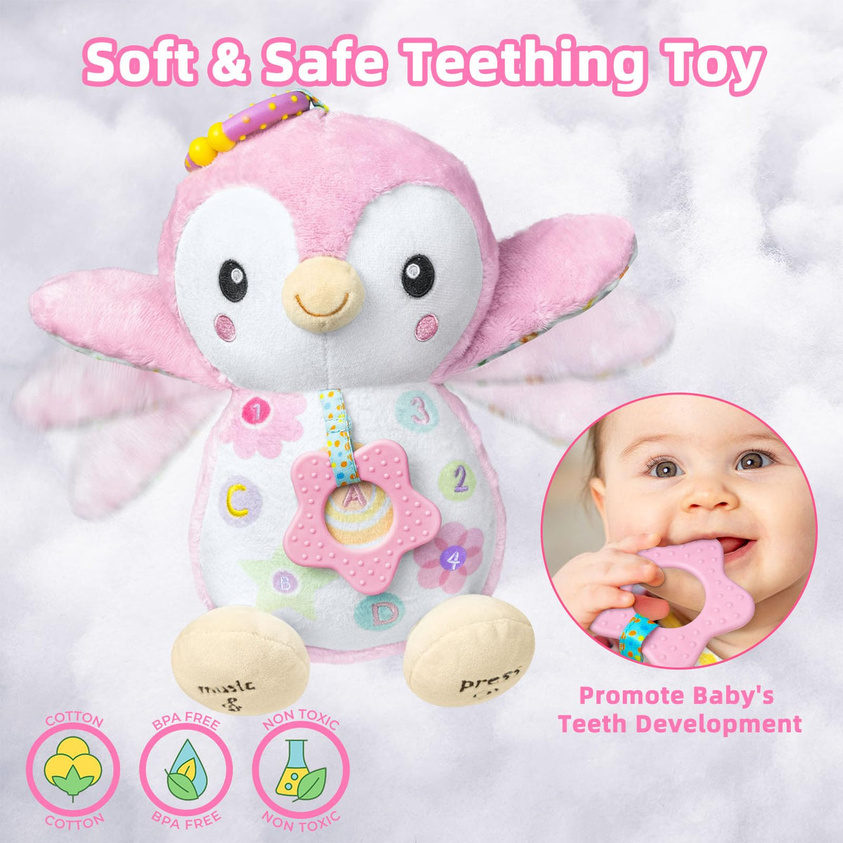 Fuzqq penguin plush features crinkle wings that captivate baby attention