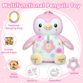 Fuzqq penguin plush with hanging ring for easy grasp and texture exploration