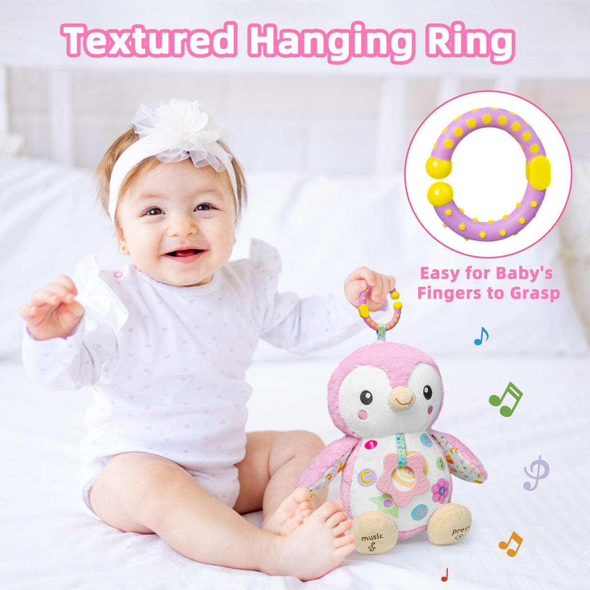 Fuzqq penguin plush supports tummy time with bright visuals and safe design