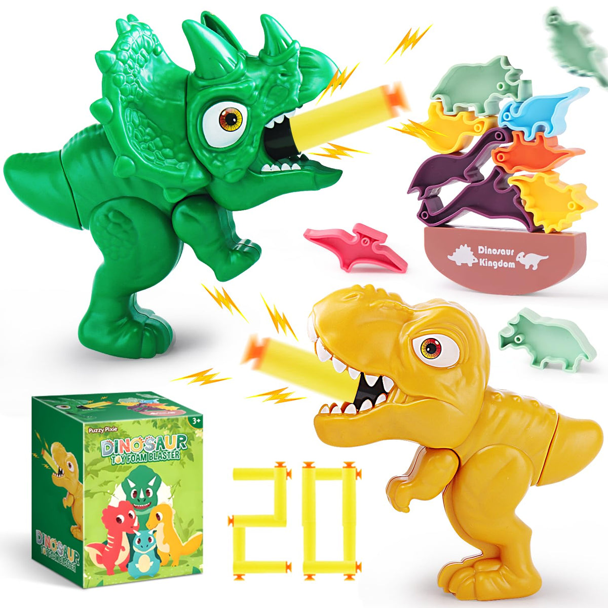 Fuzzy Pixie dinosaur blaster green Triceratops for easy backyard target practice