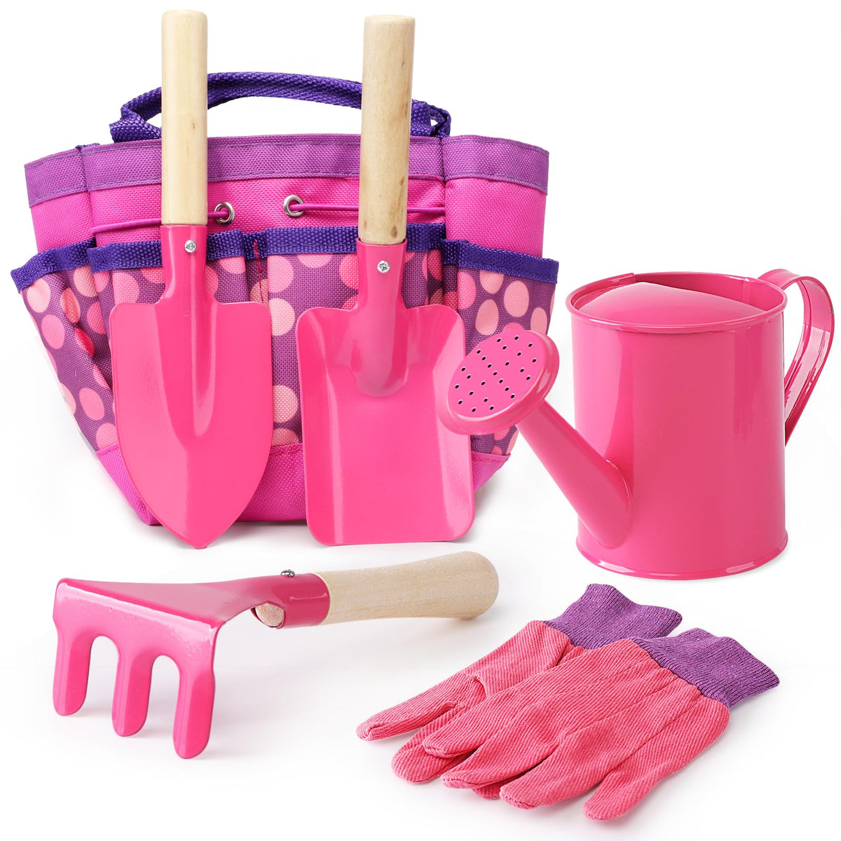 Fuzzy Pixie kids gardening tools set with pink tote for easy organization and outdoor play.
