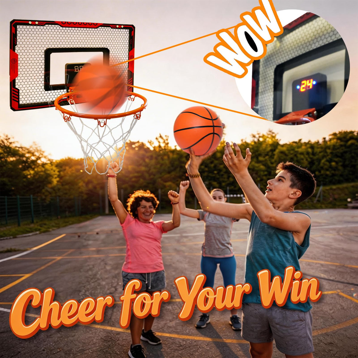 FviMzailon durable backboard and metal rim withstand energetic shots.