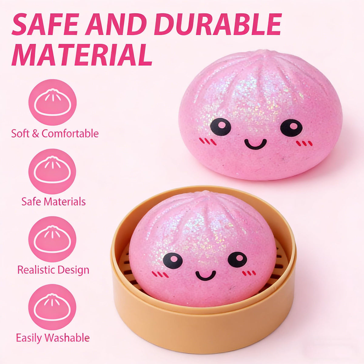 FW ZONE dumpling stress ball closeup face shows smiling bun detail for mood-boosting play.