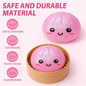 FW ZONE dumpling stress ball closeup face shows smiling bun detail for mood-boosting play.