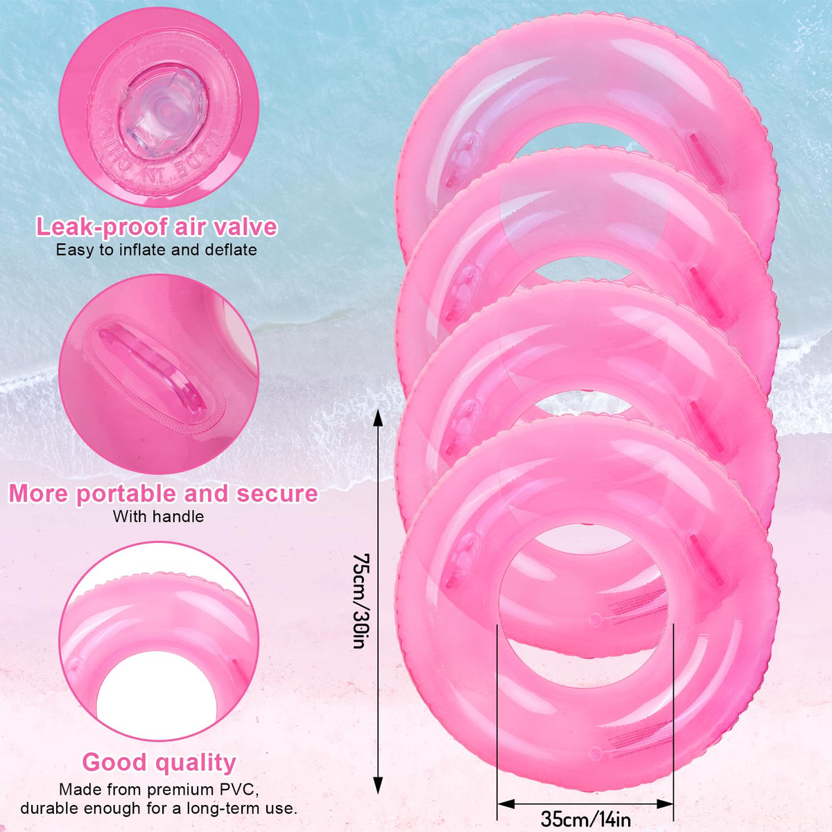FYSUIMU clear pink pool float for adults and teens at 35x14 inches.