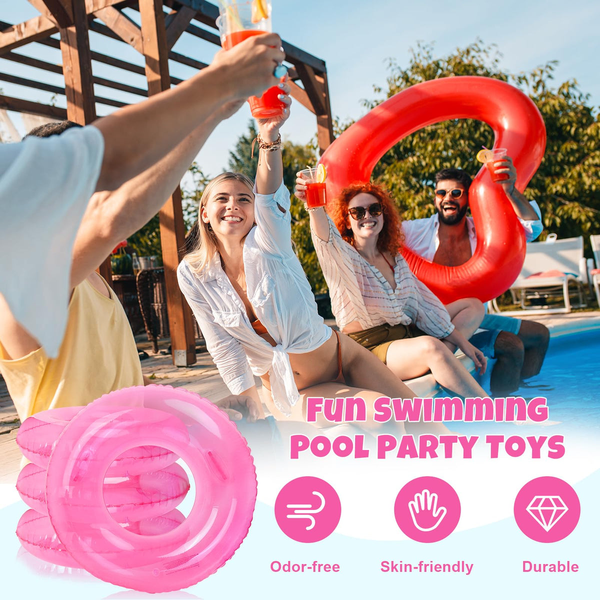 FYSUIMU inflatable pool ring in clear pink ideal for pool photos.