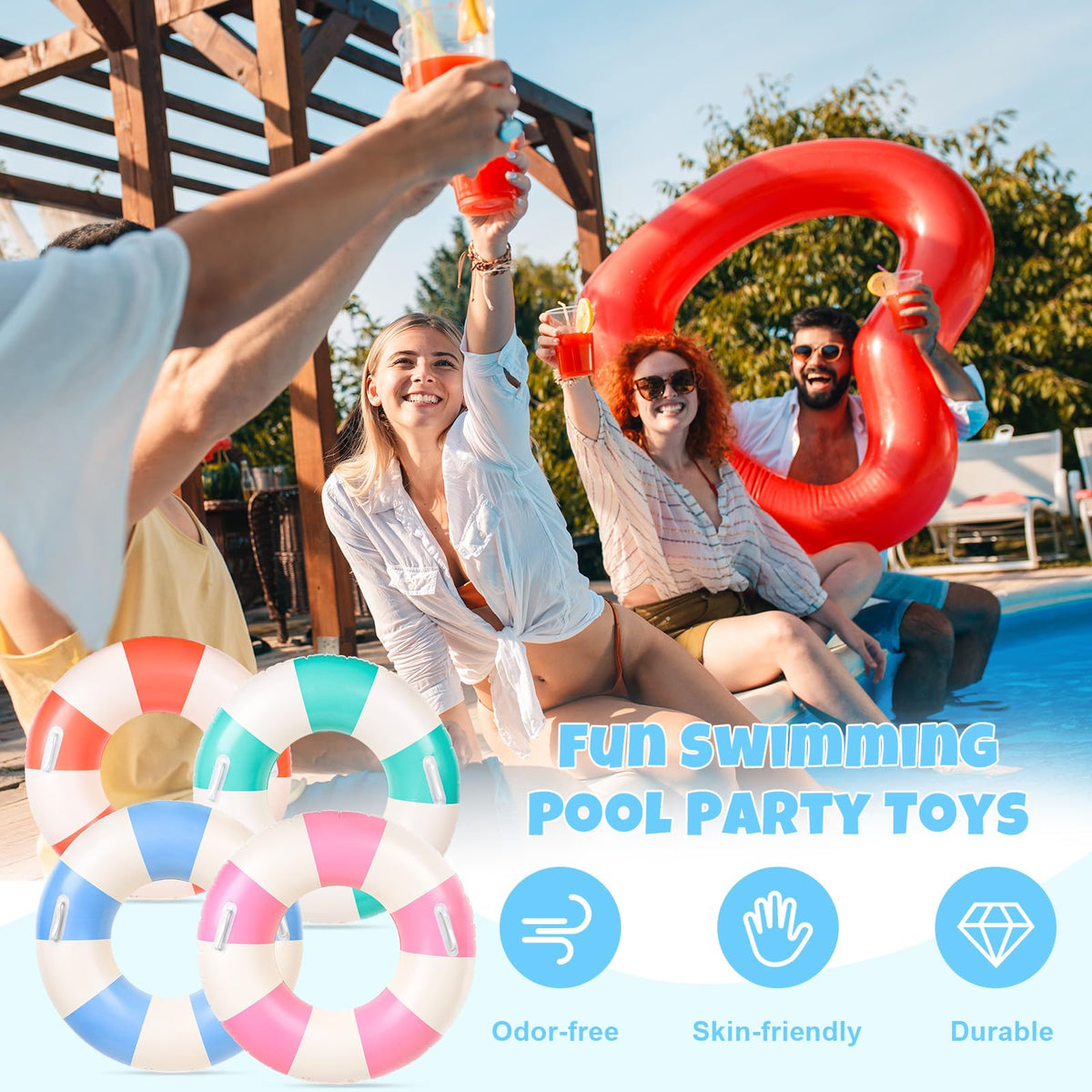 FYSUIMU pool float orange stripe with handle, adds vibrant vibe to beach parties.