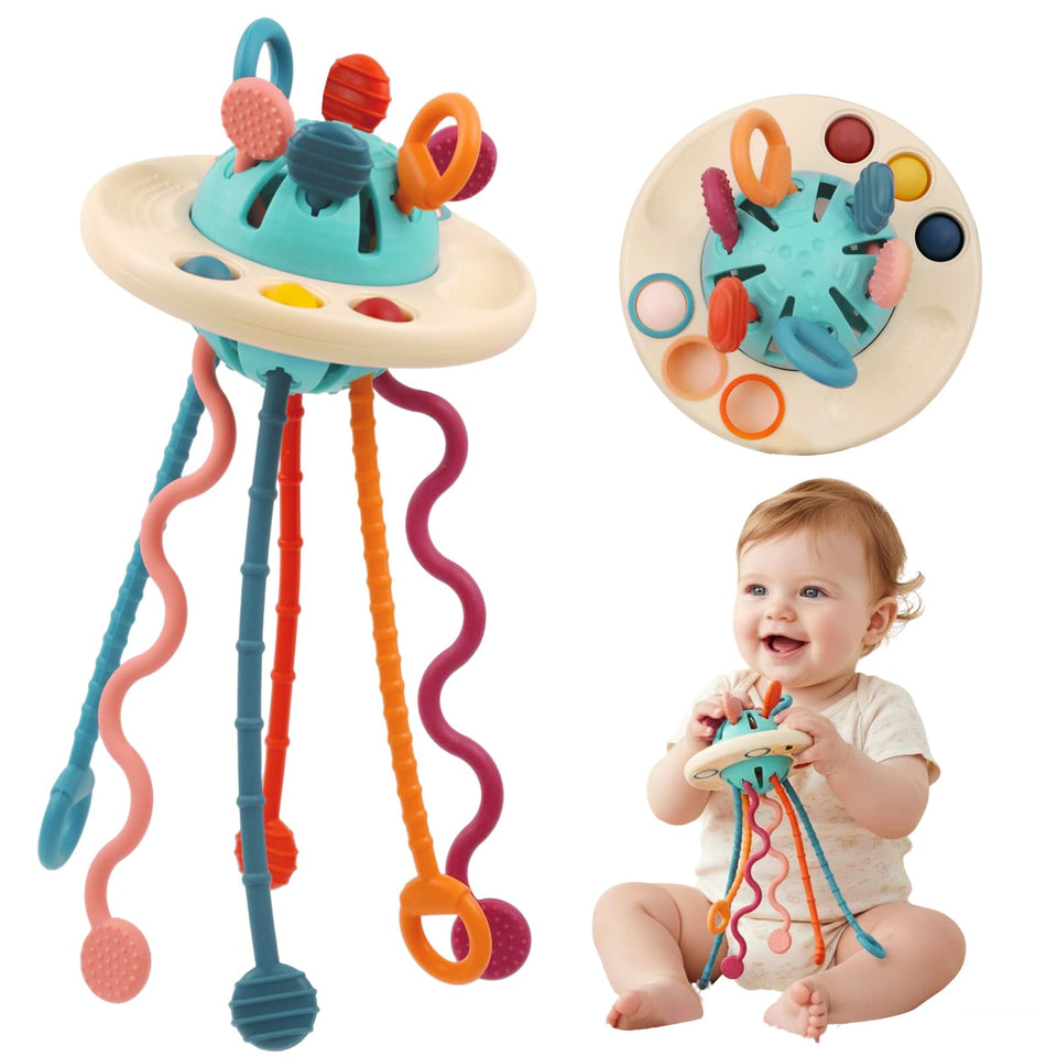 Fyxttalor UFO pull-string toy with soft side buttons for sensory exploration.