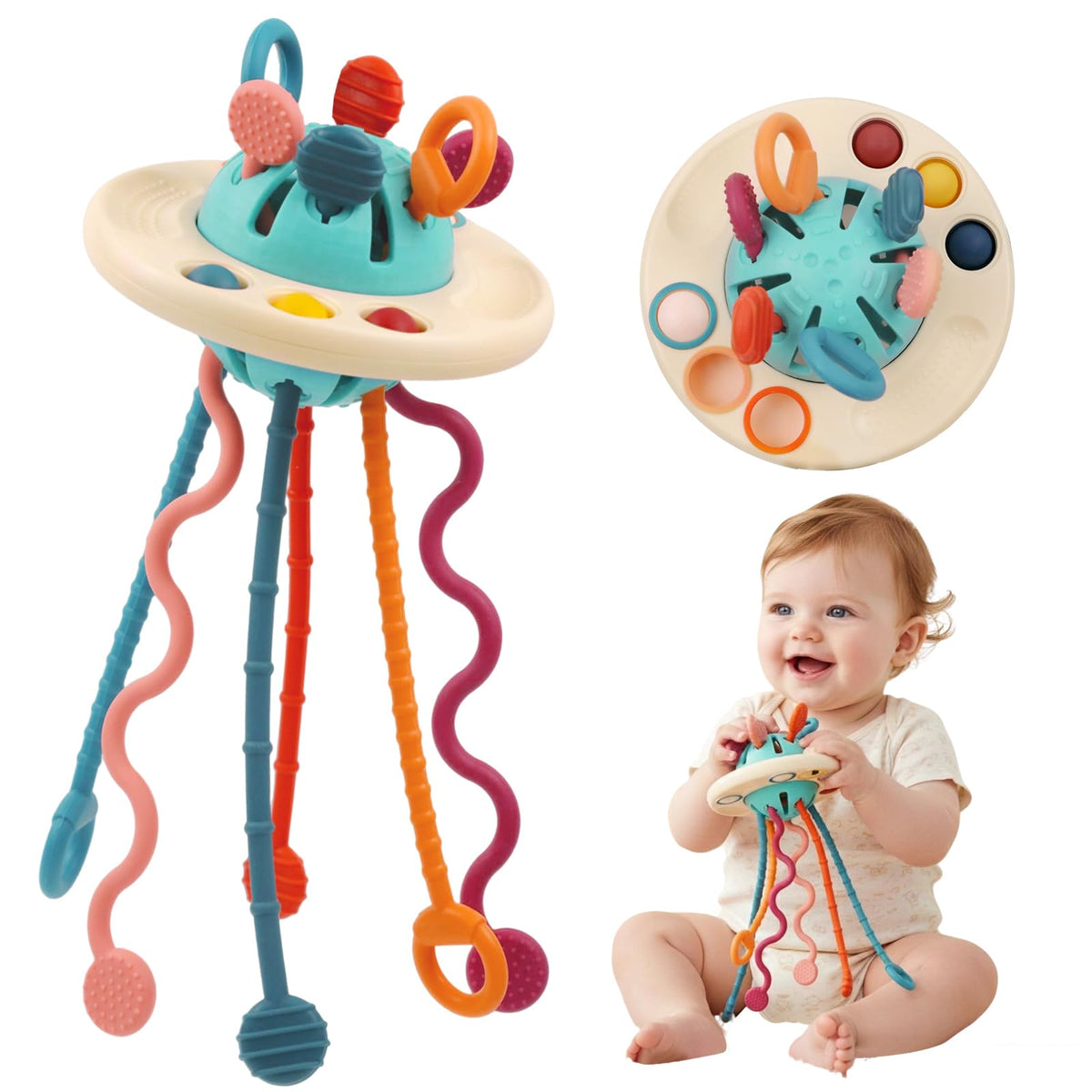 Fyxttalor UFO pull-string toy with soft side buttons for sensory exploration.