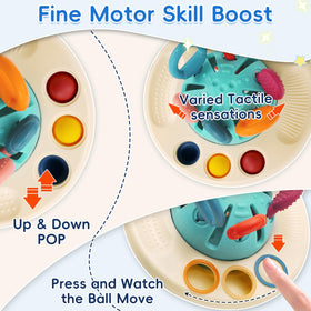 Fyxttalor UFO toy showing sliding button and holes for hand-eye coordination.