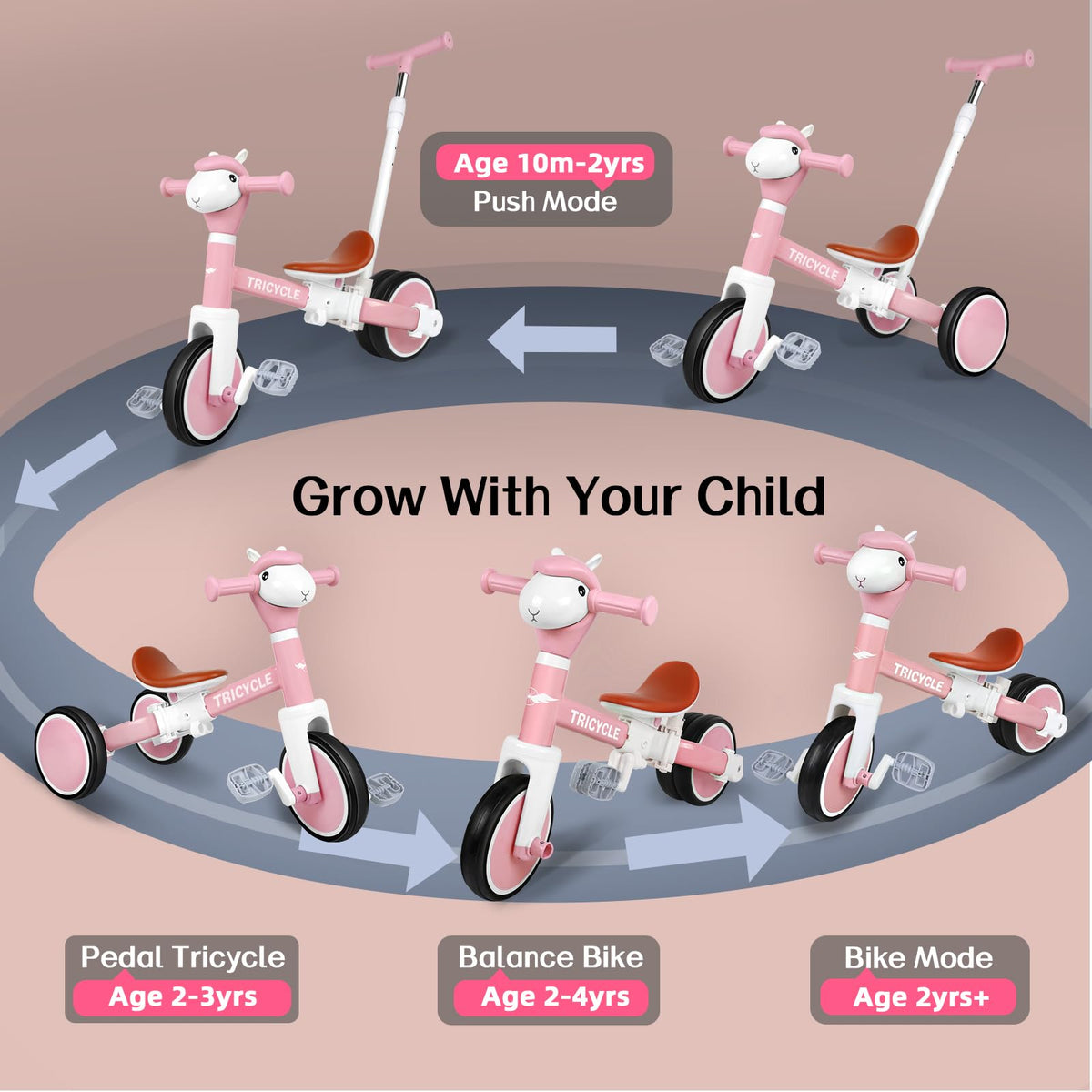 FZHZZ pink pedal-free tricycle in action, helping balance and confidence.