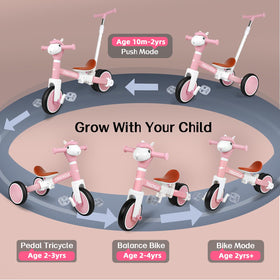 FZHZZ pink pedal-free tricycle in action, helping balance and confidence.