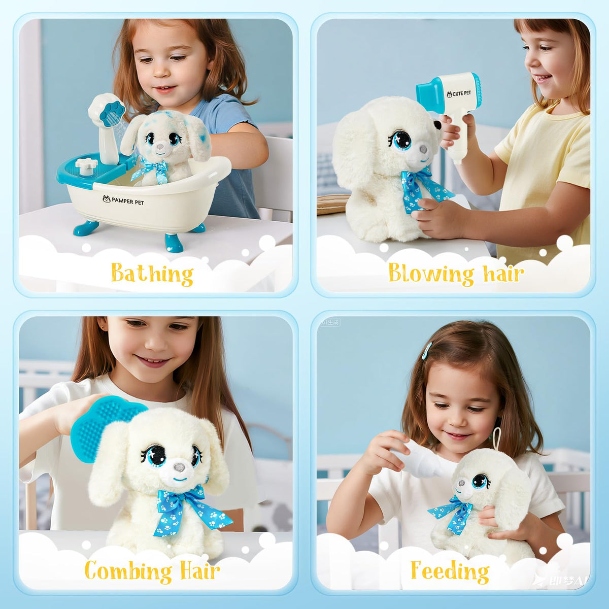 G.C Paint-Wash-Recolor plush dog and bath ball for tactile splash play.