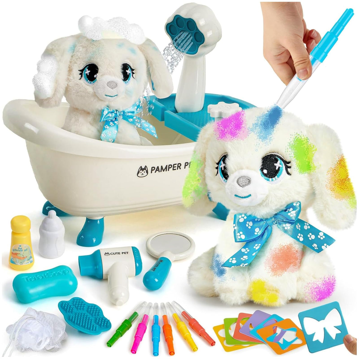 G.C Paint-Wash-Recolor dog plush with bathtub promotes imaginative bath play and color exploration.