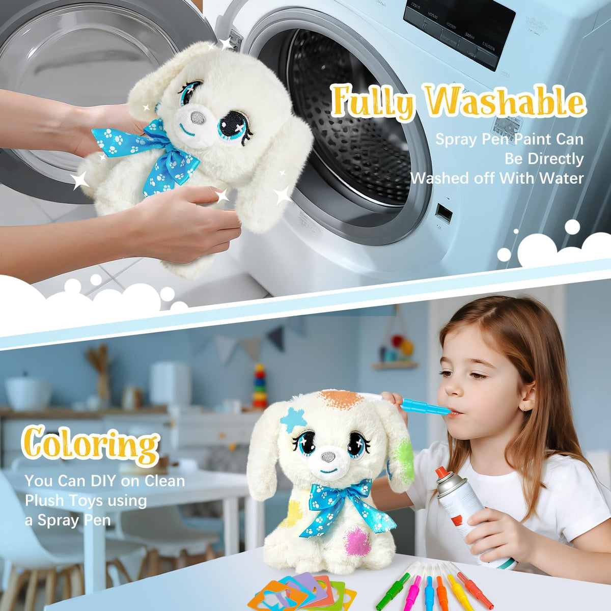G.C Paint-Wash-Recolor bottle and soap with plush dog for pretend care routines.