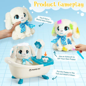 G.C Paint-Wash-Recolor dog plush with hair dryer for pretend grooming finish.