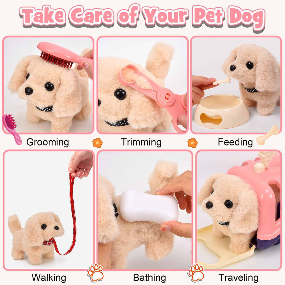 G.C dog care tools including basin, kennel, and leash for realistic activities.