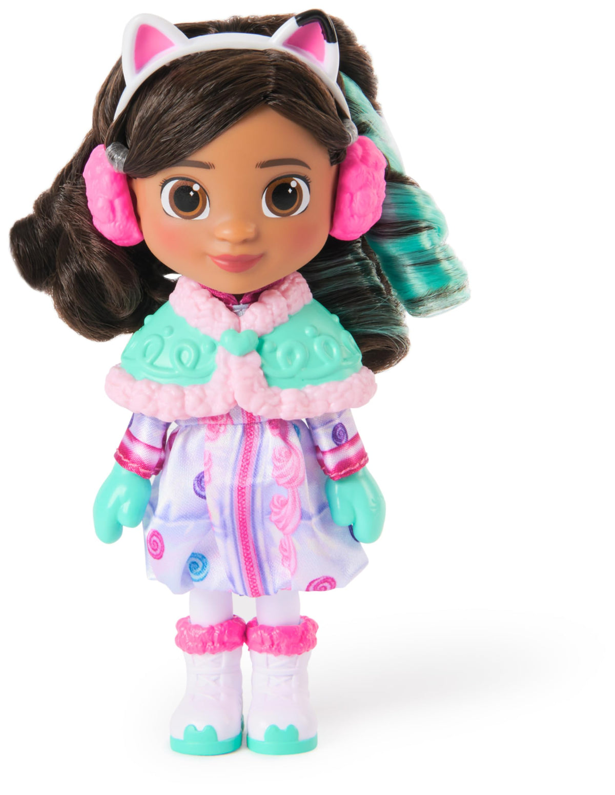 Coat, earmuffs, and shoes enhance seasonal pretend-play with Gabby Sweet Caprice.