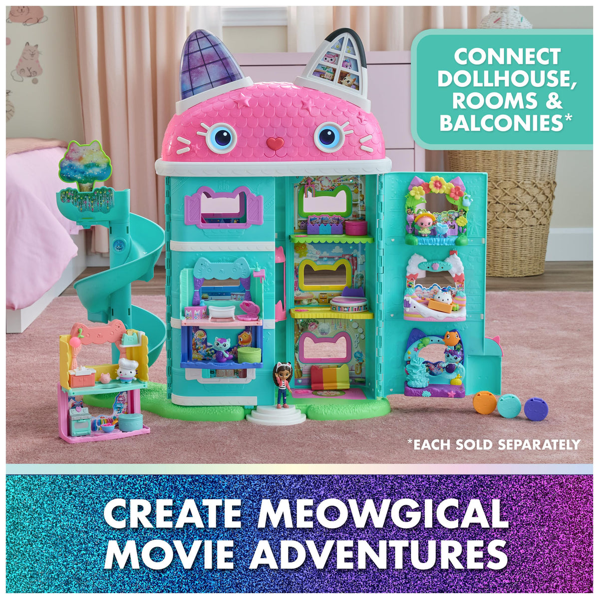 Gabby's Dollhouse Cakey Toaster Shelf enables organized, imaginative kitchen setups.
