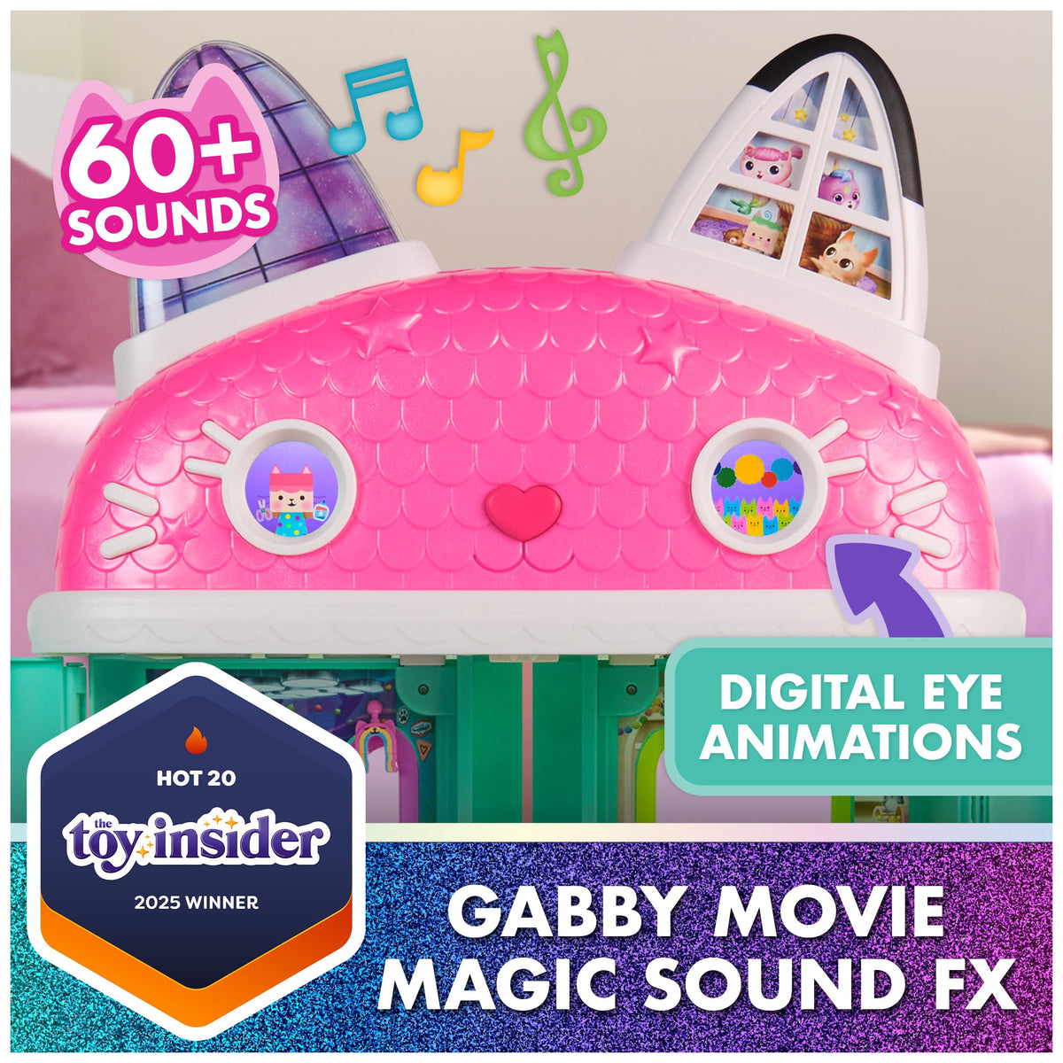Gabby's Cat-a-vator transports dolls between floors for dynamic play.