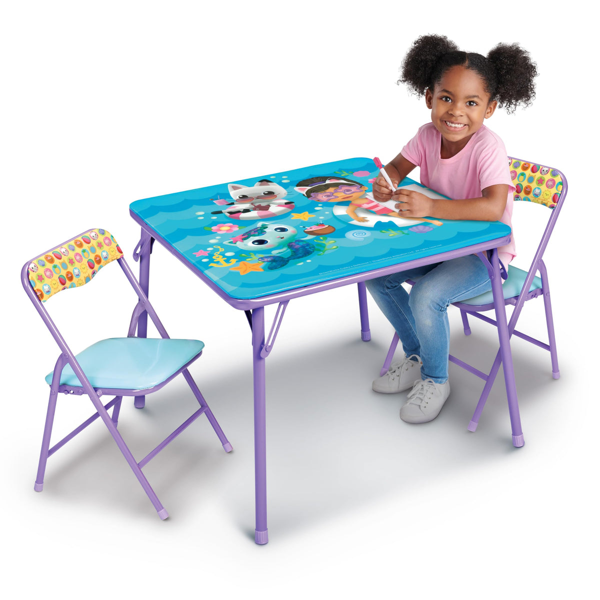 Gabby's Dollhouse folding table set for kids, ideal for drawing and meals.