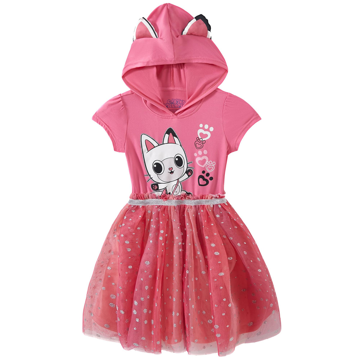 DREAMWORKS Gabby's Dollhouse hooded dress with Pandy Paws print for imaginative play.