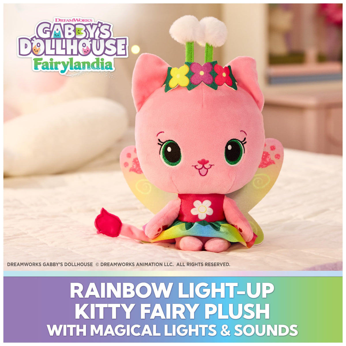 Gabby’s Dollhouse Kitty Fairy with flower crown and dress sparkles.