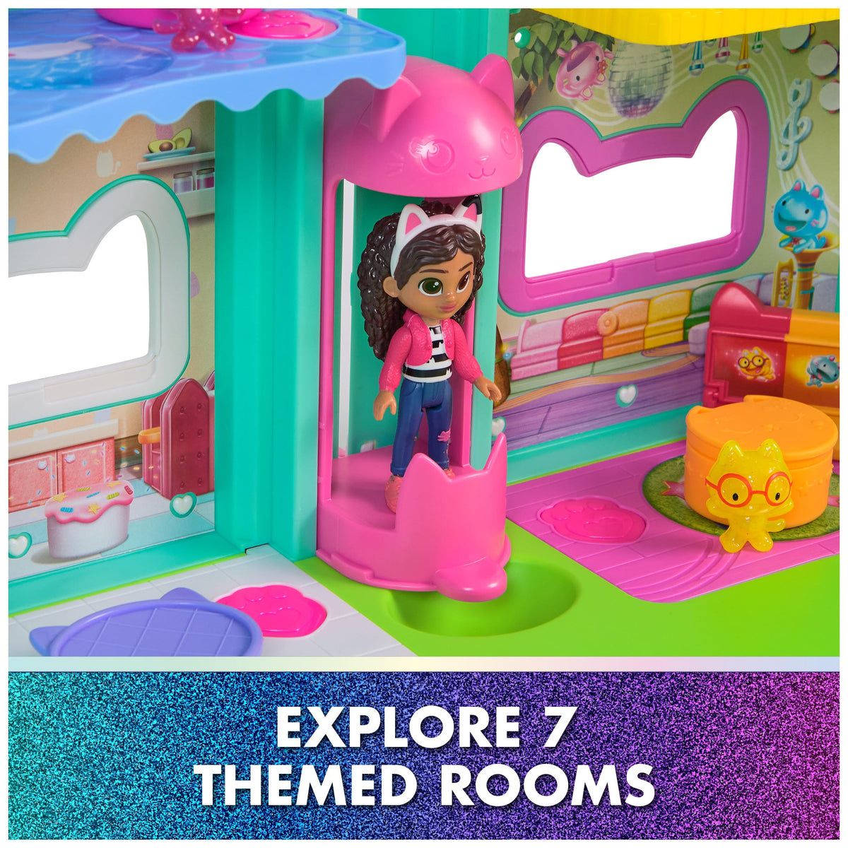 Six play modes and two games spark varied pretend adventures with Gabby’s dollhouse.