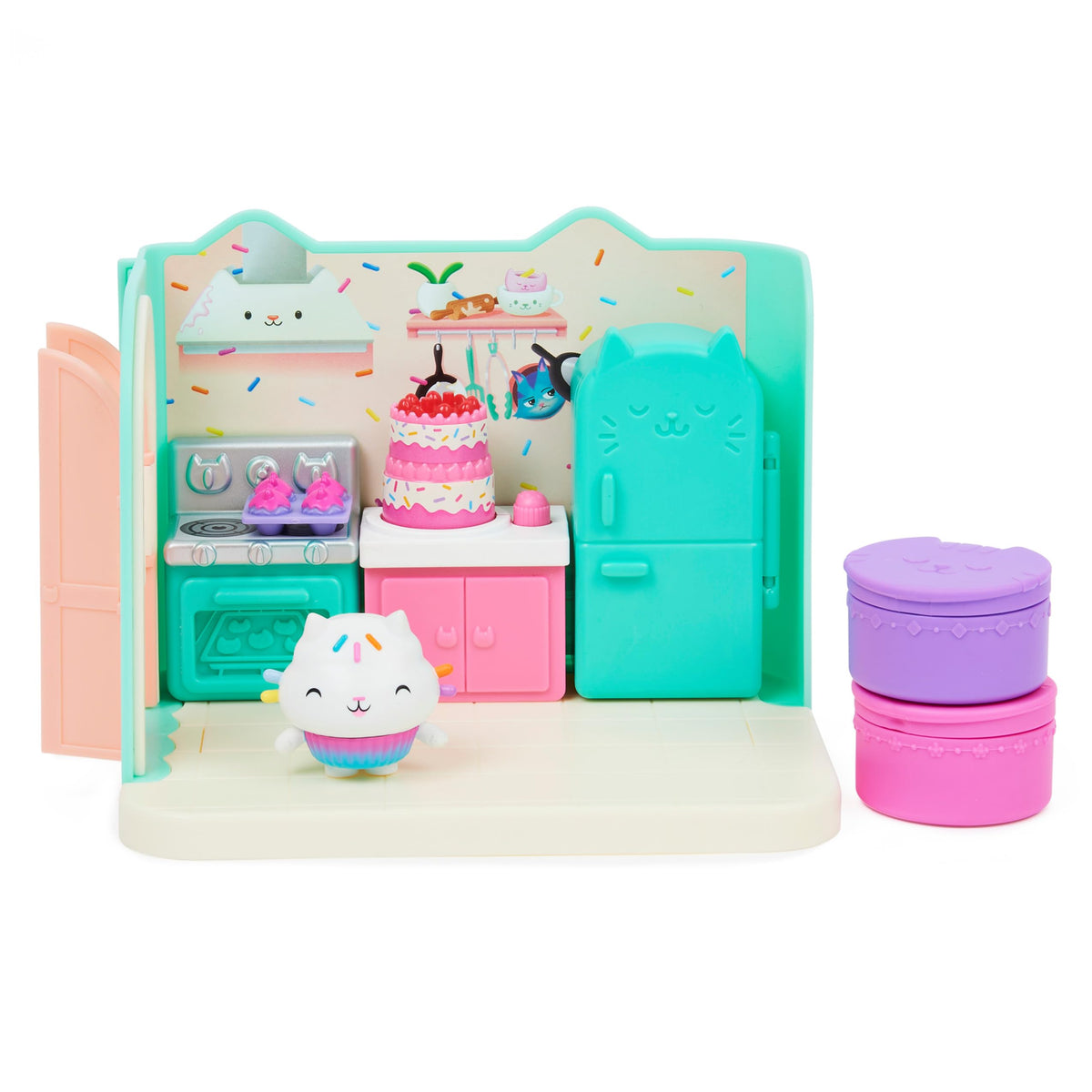 Gabby’s Dollhouse Bakey Kitchen with Cakey Cat on spinning cake for pretend parties.
