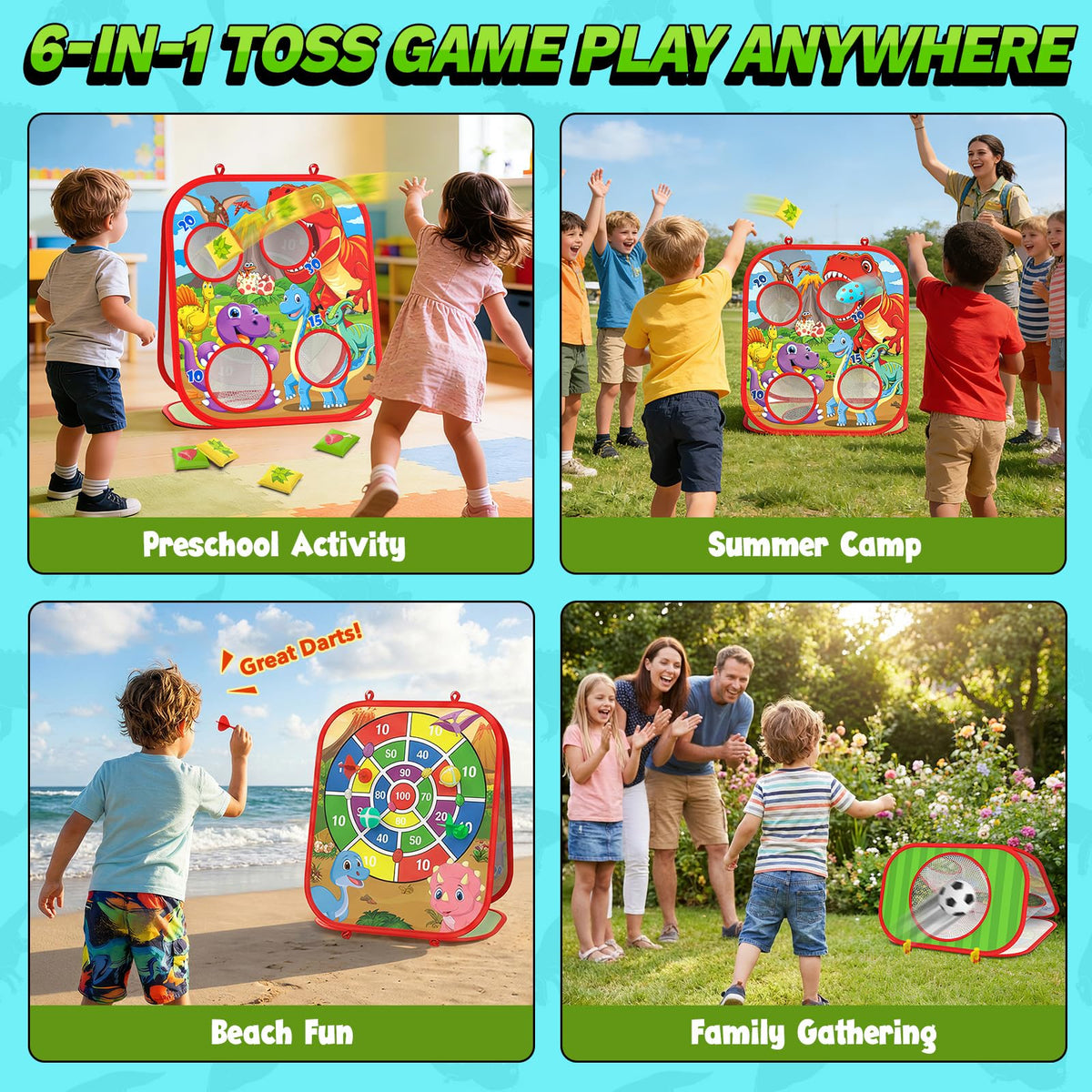 Gadetouq Dino egg toss targets inspire precision and counting.