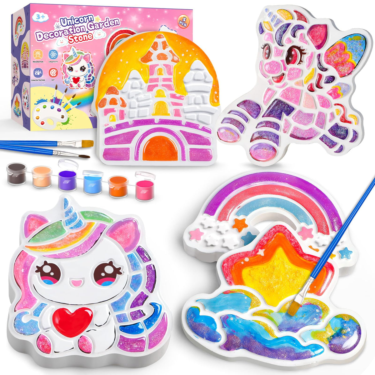 Gadetouq unicorn stone painting kit setup showing supplies for fun outdoor garden decor.